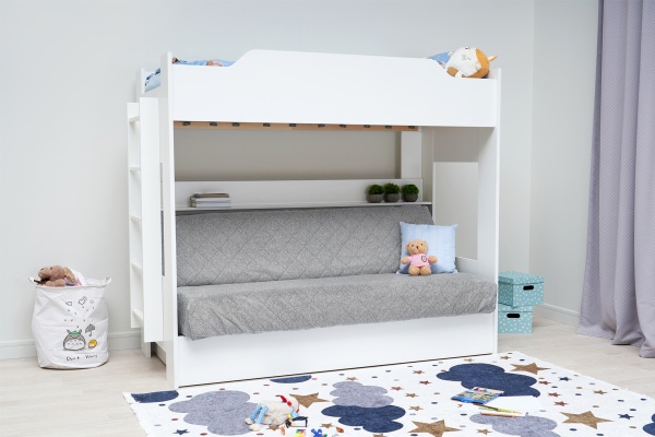 Двухъярусная кровать с диван-кроватью серый / белый